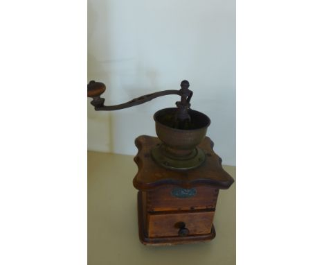 A 1920's French coffee grinder - in good decorative order and a Victorian blue and ochre Spode side plate - Diameter 21cm - w