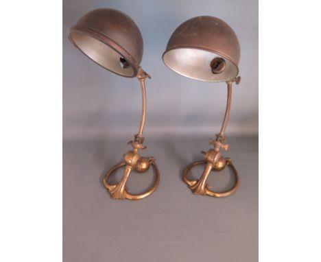 W.A.S. Benson - A pair of Arts and Crafts brass adjustable desk lamps with ball counter balance with rest light dome shades a
