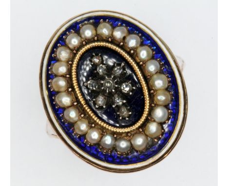 A Georgian diamond and pearl ring, star shape cluster of rose cut diamonds set within an oval of split pearls, mounted above 