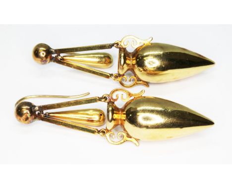 A pair of Victorian Etruscan revival earrings, each formed as a Classical urn suspended on 'A' frame with central drop, lengt