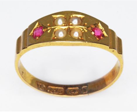 An antique hallmarked 15ct gold ruby, paste and pearl ring, gross wt. 2.1g, size L.  