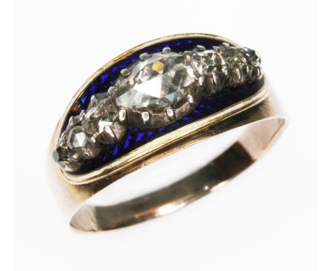 A Georgian diamond cluster ring, seven bezel set rose cut diamonds, the central stone weighing approx. 0.56ct, total approx. 