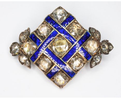 A Georgian diamond brooch, formed from a rhombus cluster of nine rose cut diamonds interspersed with a woven bands of blue en