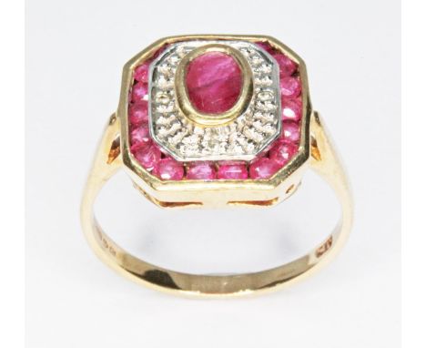 A hallmarked 9ct Art Deco style gold diamond and ruby cluster ring, gross wt. 2.6g, size K.  Condition - evidence of flux hea