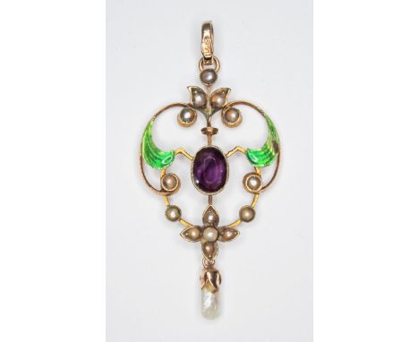 An early 20th century amethyst, seed pearl and enamel pendant, marked '9ct, length 44mm, gross wt. 2.3g.  