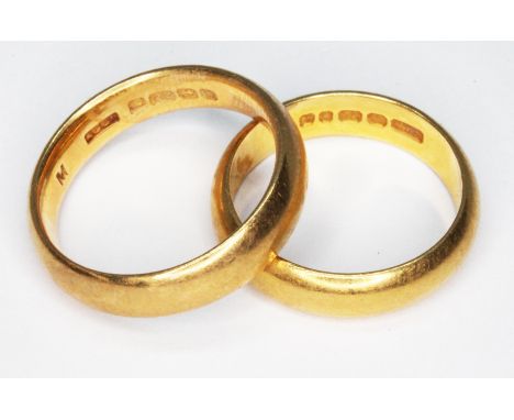 Two hallmarked 22ct gold wedding bands, gross wt. 9.8g, sizes J &amp; K.  