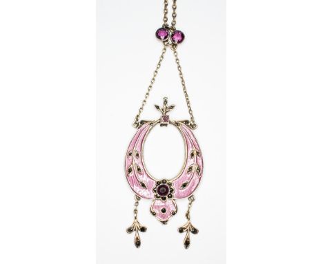 An early 20th century white metal enamel pendant necklace set with purple paste, pendant length 7cm, 48cm chain marked 'Sterl