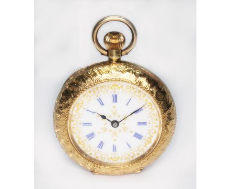 A ladies engraved pocket watch, enamel dial, case back marked '18K', diameter 35mm, gross wt. 33.2g.  