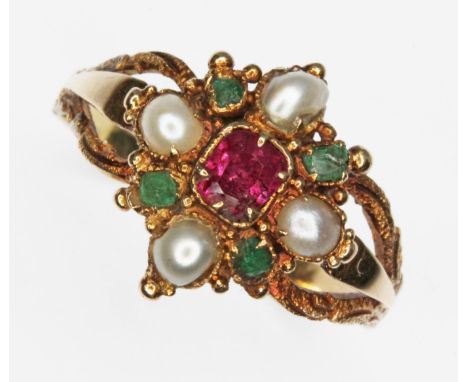 A mid 19th century ruby, emerald and half-pearl cluster ring, the multi-gem set cluster measuring approx. 13.20mm x 12.07mm, 