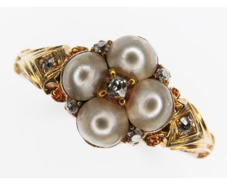 A 19th century pearl and diamond ring, four half-pearls set between five rose cut diamonds, scroll shoulders set with a furth