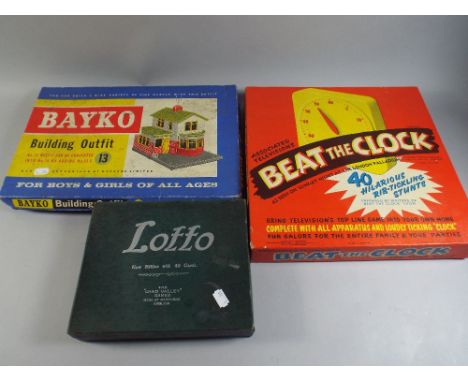 Three Vintage Toys to Include Bayko Building Outfit Number Thirteen, Lotto by Chad Valley and Beat the Clock by Spears. 