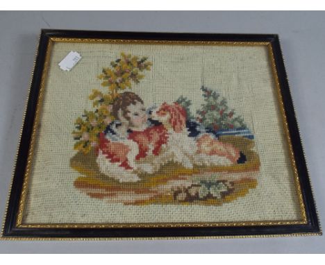 A Small 19th Century Wall Tapestry Depicting Child Recumbent in Garden.