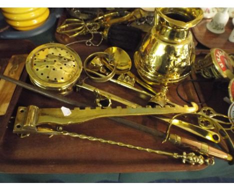 A Tray of Brass Ware to Include Chestnut Roaster, Toast Fork, Range Crane, Jug Etc. 