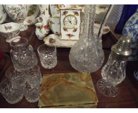 A Tray Containing Etched Decanter, Whiskey Glasses, Sugar Sifter and Onyx Cigarette Box.