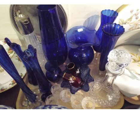 A Tray of Coloured and Plain Glassware, Claret Jug, Decanter Etc.