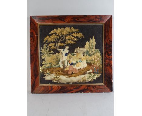 A 19th Century Wall Tapestry Depicting Figures in Orchard Set in Scumble Glazed Faux Rosewood Frame.