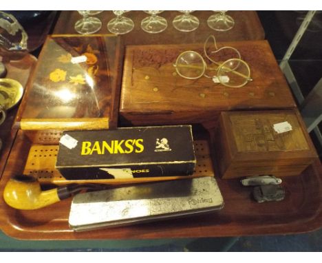 A Tray Containing Inlaid Jewellery Boxes, Cribbage Board, Dominoes, Miniature Pen Knife and A Pipe.