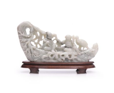 Large piece of carved jade in the shape of a  Bitter Melon  with two of the eight immortals: Li Tieguai and Zhongli Quan seat