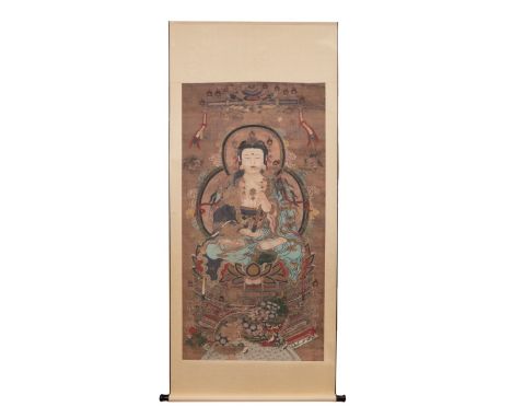 Chinese painted scroll of Guan Yin Goddess. Seated on a Lotus throne with fou lion guardian.  holding a Ruyi Cepter L:73in(18