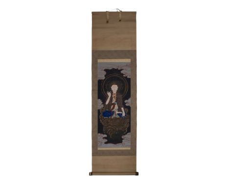 Chinese paint on paper scroll depicting Guan Yin. L:67in(170.1cm) W:18in(45.7cm)