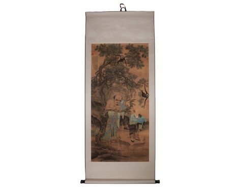 Chinese paint on silk scroll depicting an immortal  under tree with monkeys and deers. L:66in(167.6cm) W: 26in(66cm)
