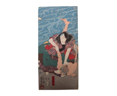 Japanese woodblock print of two wrestlers. H:14.5in(36.8cm) W:7in(17.7cm)