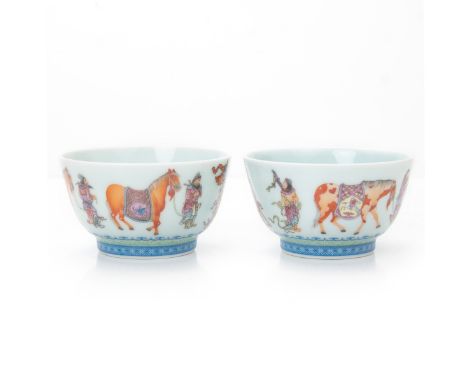 Chinese famille rose decorated cups, Horse and attendant figures surround. H:2in(5cm) W:3.5in(8.8cm)
