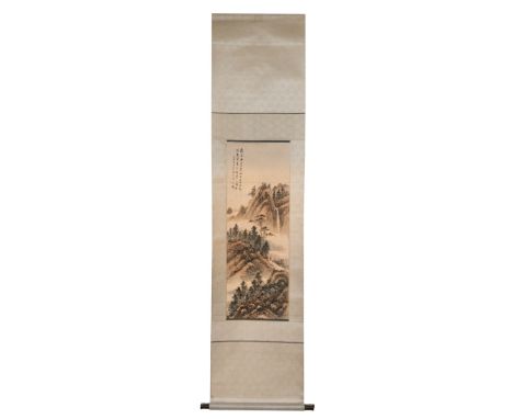 Chinese paint on paper scroll depicting a man  walking up a mountain ridge amongst pine trees  with waterfall in the backgrou