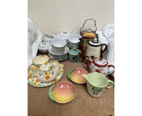 A crown Devon bachelor set together with a Carltonware preserve pot and cover, part tea set and other decorative ceramics