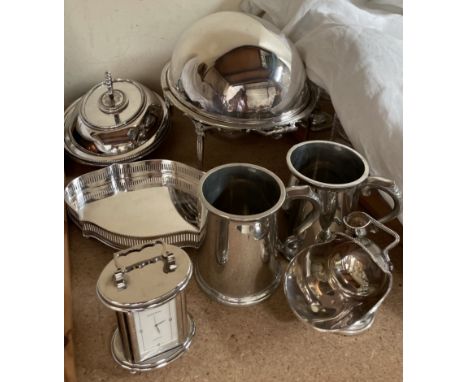 An electroplated entree dish and cover, together with pewter tankards, carriage clock etc