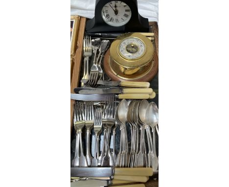 Electroplated fiddle pattern table forks, together with matching dessert forks, spoons, knives etc and a wall mounted baromet