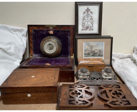 A walnut book slide together with a desk standish, lap top desk, jewellery box, barometer prints etc