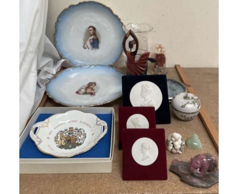 Sevres parian portrait plaques together with Continental portrait plates, glass vase, hardstone bear , Buddhas, cloisonne app