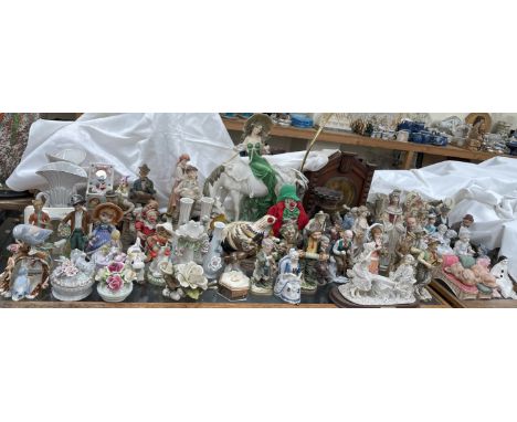 A large lot including pottery figures, horse table lamp, vases, mantle clock etc