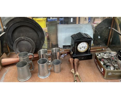 A black slate mantle clock, the white enamel dial inscribed Palmer, Tewkesbury, together with copper hunting horns, pewter ch