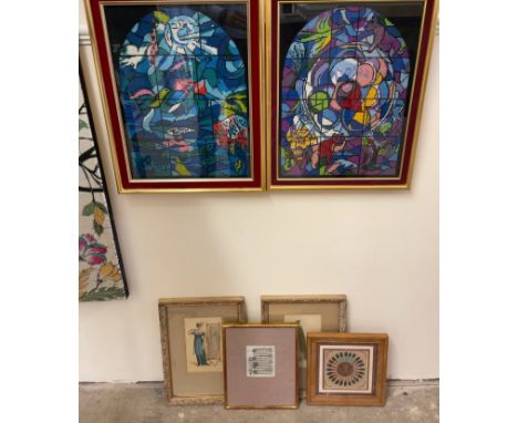 A framed illuminated manuscript together with a pair of tapestry pictures and prints etc