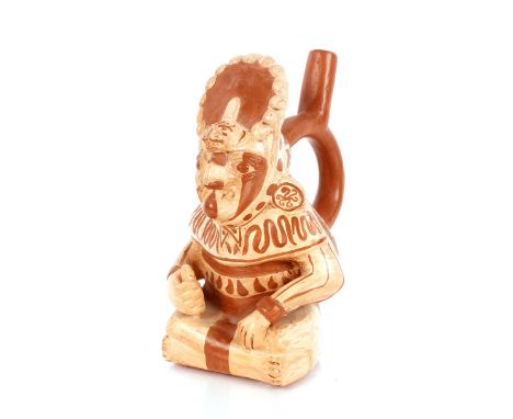 A pottery replica&nbsp;Aztec style portrait&nbsp;head and stirrup spout vessel,&nbsp;23cm high&nbsp;
