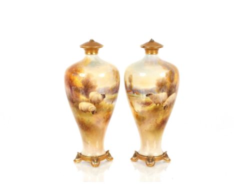 A pair of Royal Worcester baluster vases,&nbsp;decorated scenes of sheep grazing in rural landscapes by Harry Davis, (lids AF