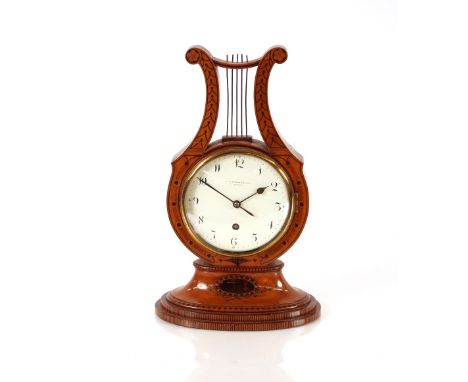 A satin wood cased lyre shaped mantel clock,&nbsp;by J C Jenners &amp; Son London, 35cm high&nbsp;