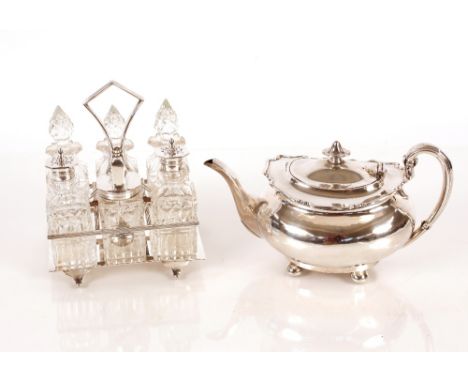 A six bottle plated cruet;&nbsp;and a plated teapot (2)
