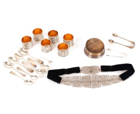 A silver pin cushion,&nbsp;Birmingham 1917; a collection of various silver teaspoons, condiment spoons and sugar nips; a whit