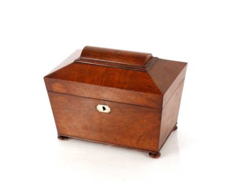 A Victorian&nbsp;rosewood sarcophagus&nbsp;shaped tea caddy,&nbsp;fitted single compartment and glass mixing bowl, raised on 