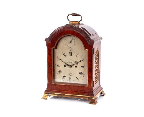 A 19th Century mahogany&nbsp;and brass mounted&nbsp;bracket clock,&nbsp;the domed case surmounted by a carrying handle, by Vi