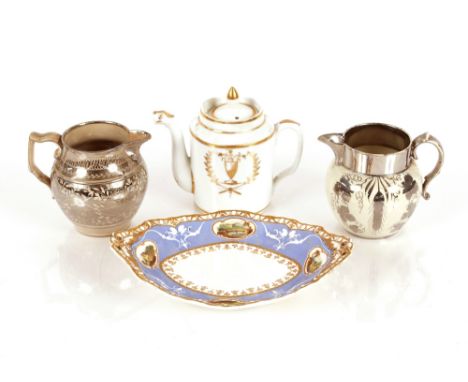 A Spode "Felspar" porcelain oval dish,&nbsp;decorated scenic panels; two 19th Century silver lustre baluster jugs with vine a