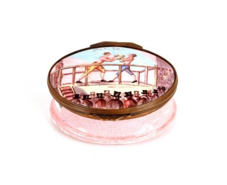 An oval Bilston enamel patch box, depicting prize fighters AF
