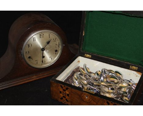 An oak cased Napoleon hat shaped mantle clock with Arabic numerals to the brushed steel dial, together with a walnut and parq