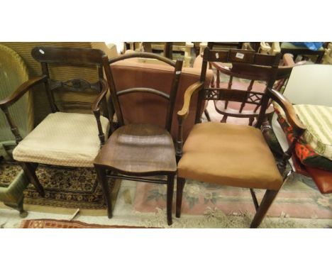 Ten assorted chairs to include a 19th Century elm seated carver chair with turned supports and stretchered base, various othe