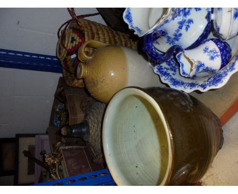 A collection of baskets, stoneware flagons, one inscribed "Lockley & Co. Bristol", together with a box of assorted tins, a bo