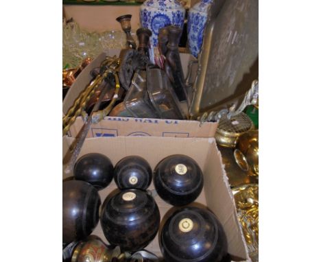 Three brass fireside companion tools, four barley-twist oak candlesticks, a set of wooden boules, tureen, white metal plated 