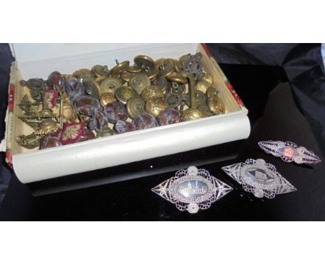 Three Middle Eastern white metal and filigree niello brooches and various Royal Ordnance Corps brass buttons and various othe